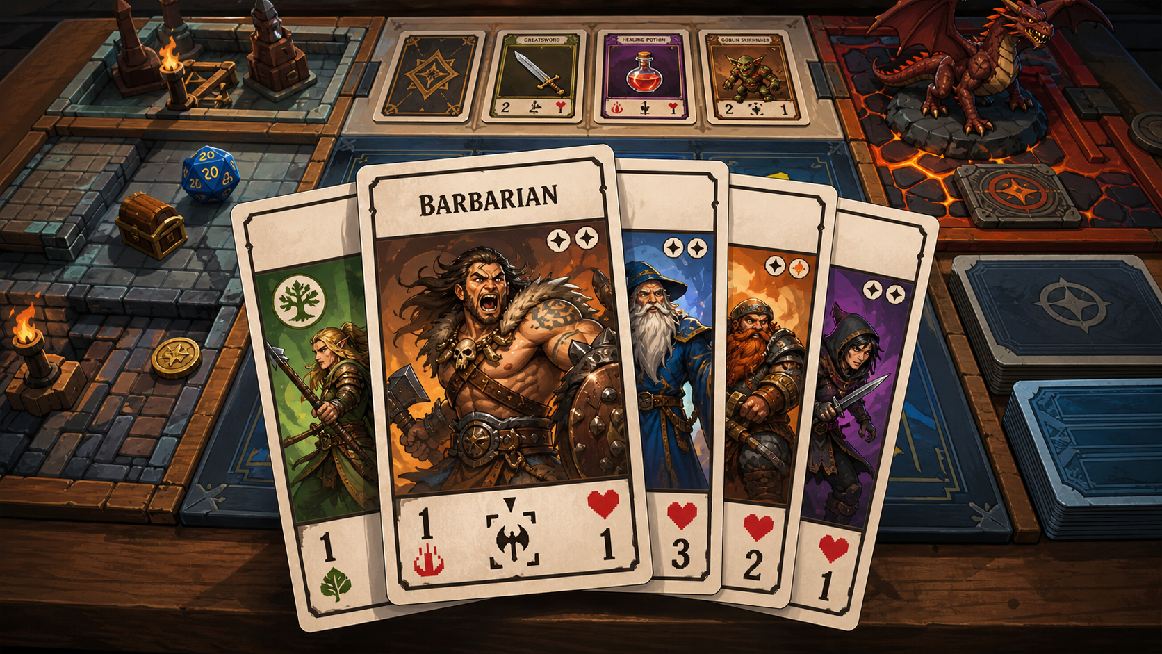 Fantasy card game arena with a hand of adventurer cards in the foreground.