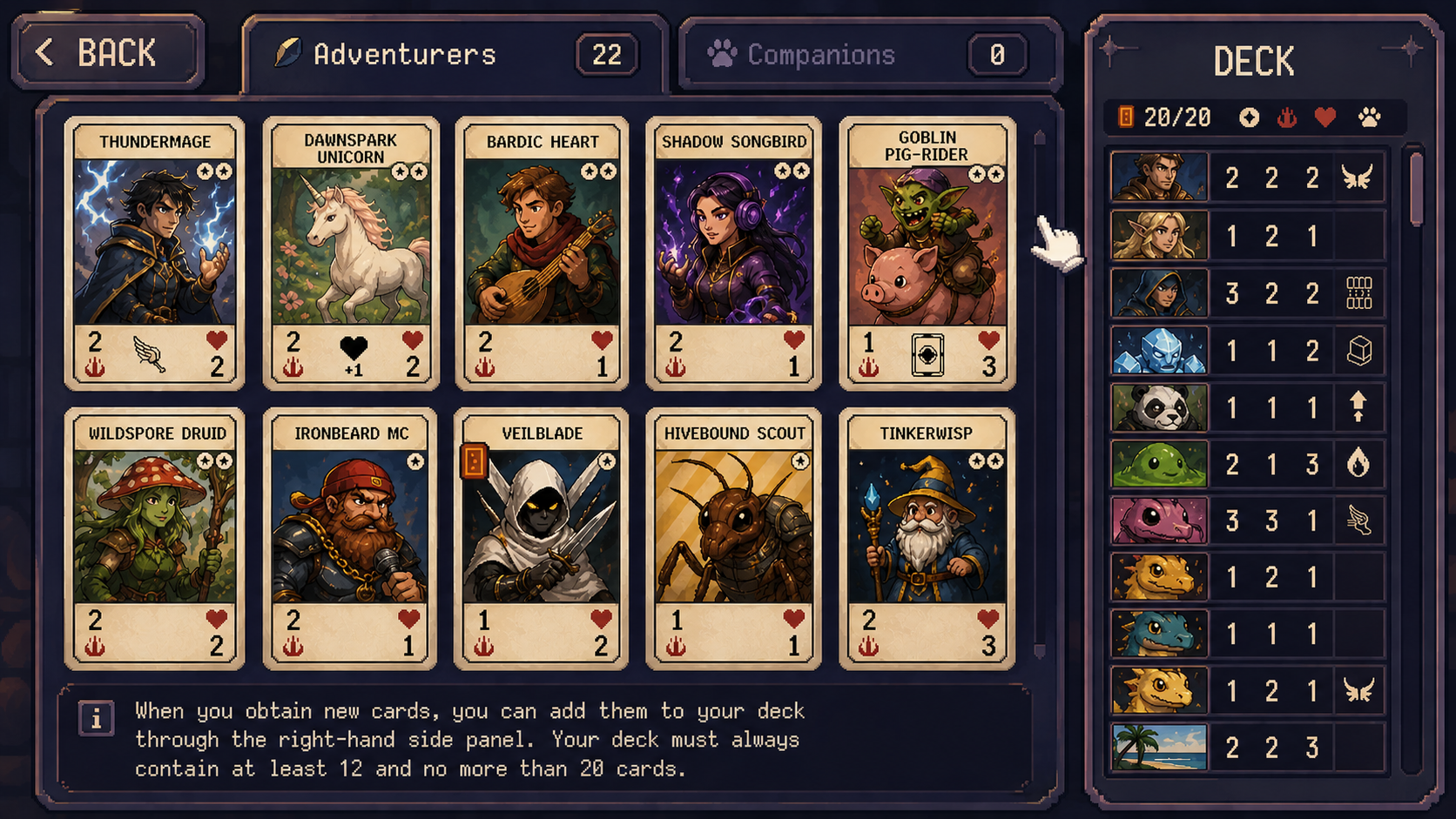 Deck building screen showing collectible adventurer cards and deck composition.