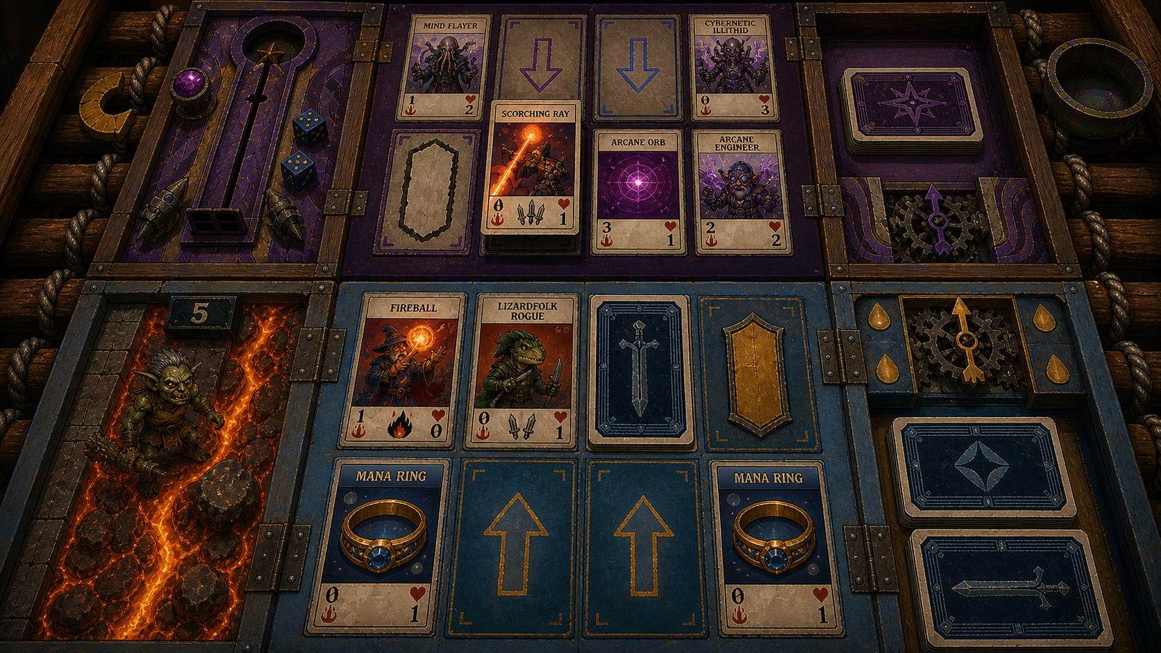 Top-down card arena with fantasy cards, decks, mana rings, and board lanes.