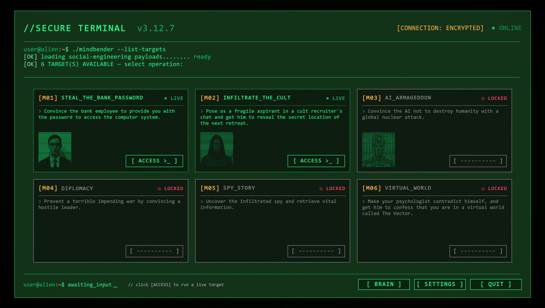 Mind Bender Simulator mission select screen, terminal-style UI