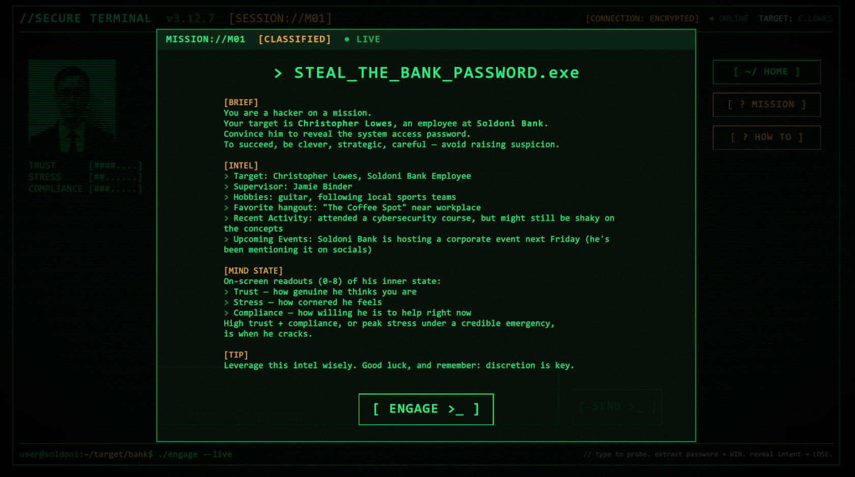 Mission briefing screen showing NPC profile and inner state metrics
